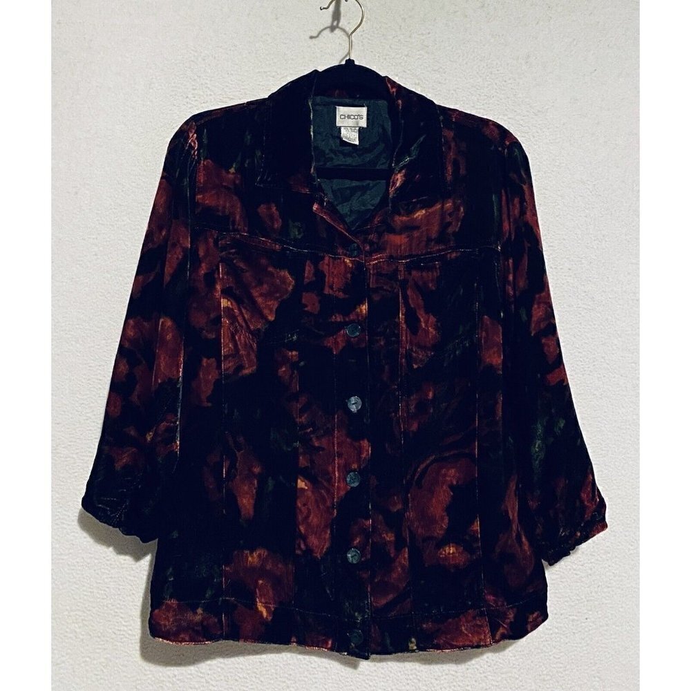 Chicos 1 Top Womens Medium 8 Velvet Button Up Shacket Silk Artsy Boho Black Red